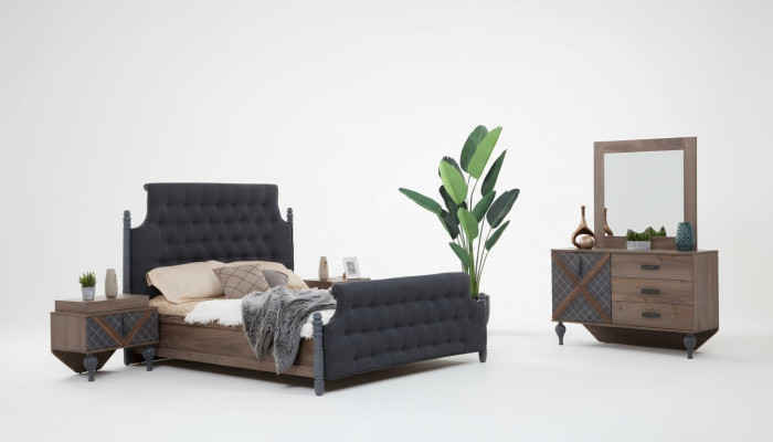Bed, Nightstand, Dresser with Mirror, Bedroom 4-Piece Set Chesterfield
