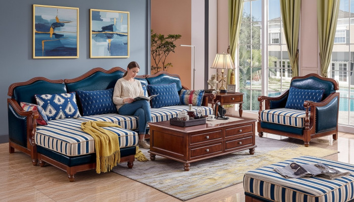 Blue corner sofa couch with armchair colonial sofa furniture antique style sofas