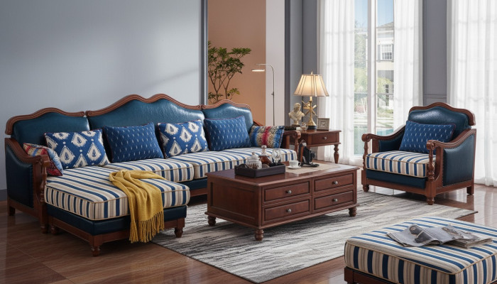Blue corner sofa couch with armchair colonial sofa furniture antique style sofas