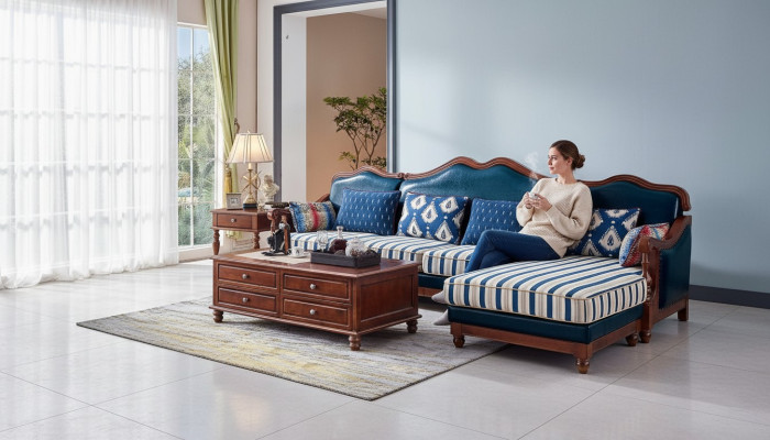 Blue leather couch corner sofa upholstery furniture classic Chesterfield furniture