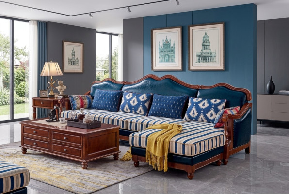 Blue leather couch corner sofa upholstery furniture classic Chesterfield furniture