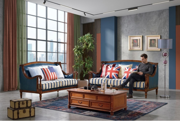 Blue-Brown Sofa Set 3+2 Seater Leather Sofas Luxury Couches Living Room Set