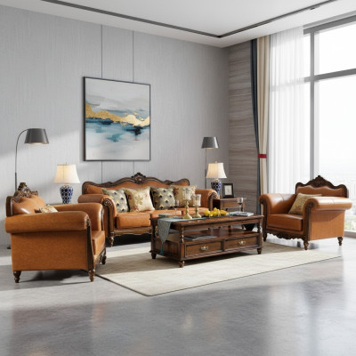 3+1 Seater Sofa Set Couch Leather Sofa Classic Couches Orange