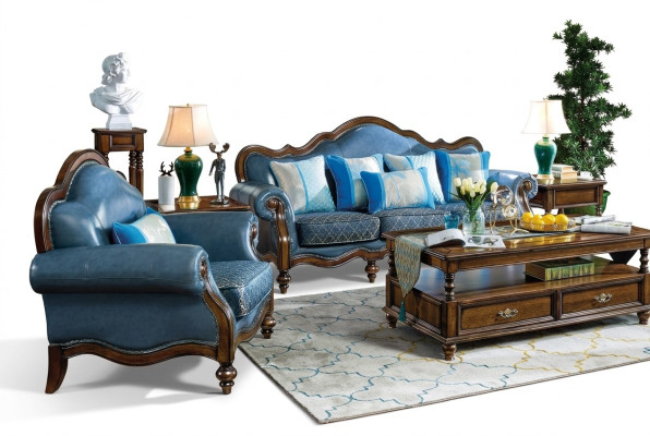 Blue Baroque Rococo Chesterfield Sofa Set 3+1 Seating Suite