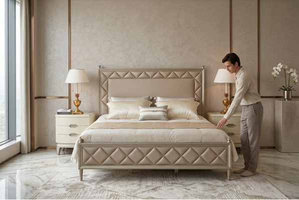 Bedroom bed upholstery design furniture luxury double beige beds leather