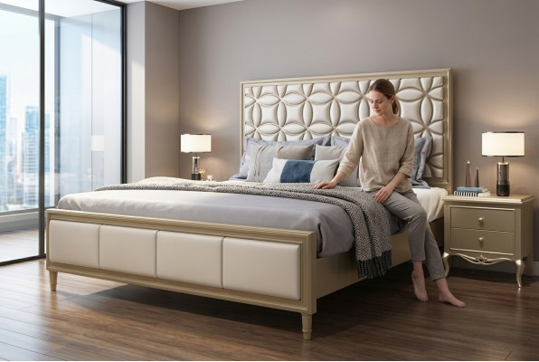 Bed Beds Double bed Bedroom Faux leather Upholstery Beige Double beds New