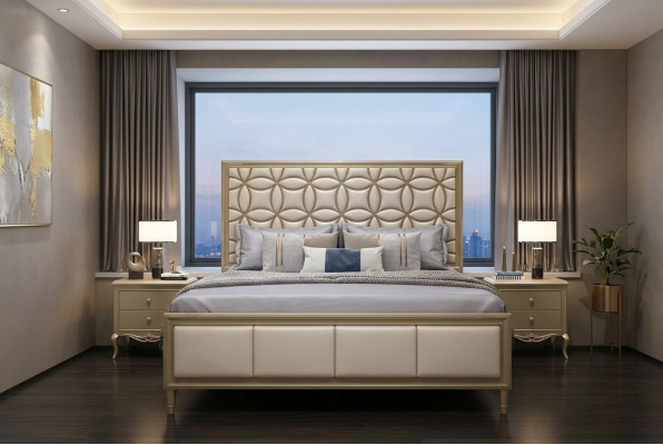 Bed Beds Double bed Bedroom Faux leather Upholstery Beige Double beds New