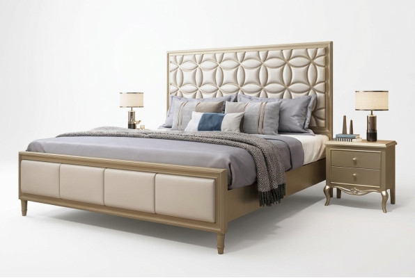 Bed Beds Double bed Bedroom Faux leather Upholstery Beige Double beds New