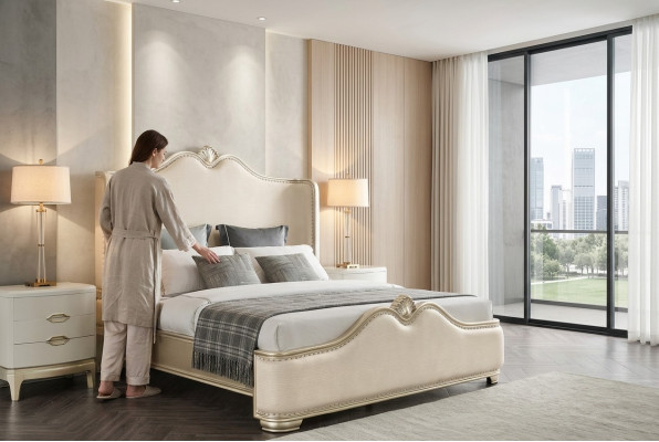 Bed 2x Nightstands 3-piece Bedroom Beige Designer Luxury Furniture Beds Wood