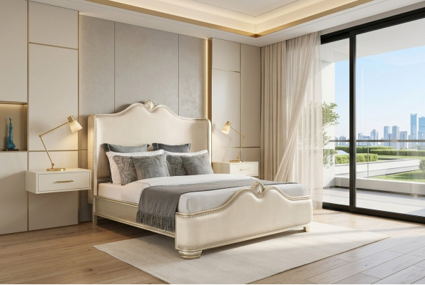 Bed 2x Nightstands 3-piece Bedroom Beige Designer Luxury Furniture Beds Wood