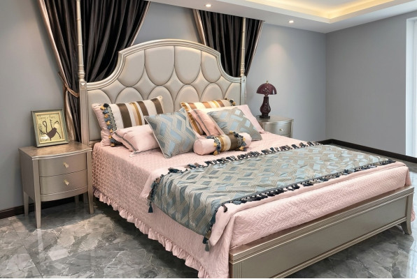 Double bed, luxury beds, wooden bed frames, bed frame, beige design.