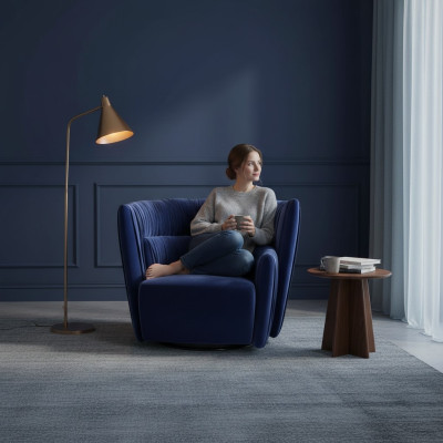 Armchair Single-Seater Italian Style Upholstery Wood Textile Prianera Luxury Blue