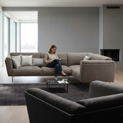 Fabric sectional L-shaped sofa, sofa couch design, upholstery textile, luxury couches