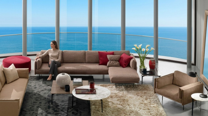 Brown L-shaped sectional sofa couch design upholstery modern fabric living room