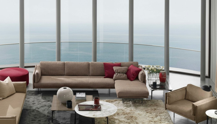 Brown L-shaped sectional sofa couch design upholstery modern fabric living room