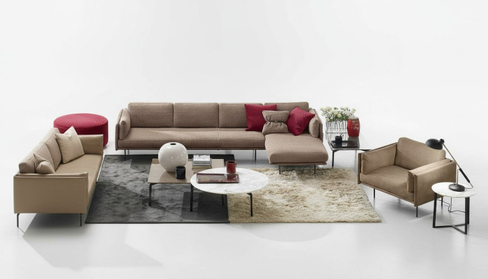 Brown L-shaped sectional sofa couch design upholstery modern fabric living room