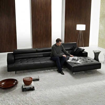 Modern leather corner sofa L-shaped for living room, black color