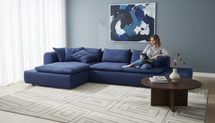 L-shaped sectional furniture blue sofas textile couch upholstery couches sofa