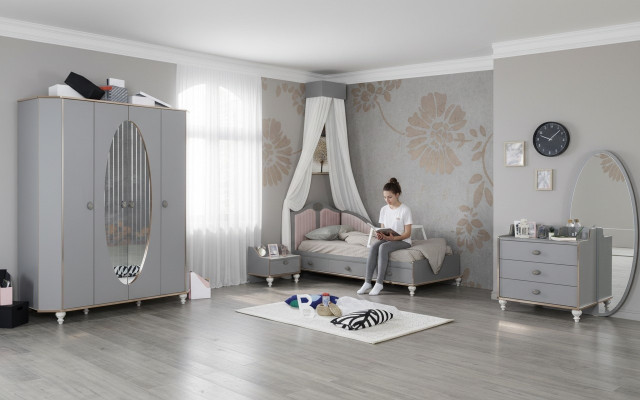 Children's room design set bed bedside table dresser wardrobe 4-piece.