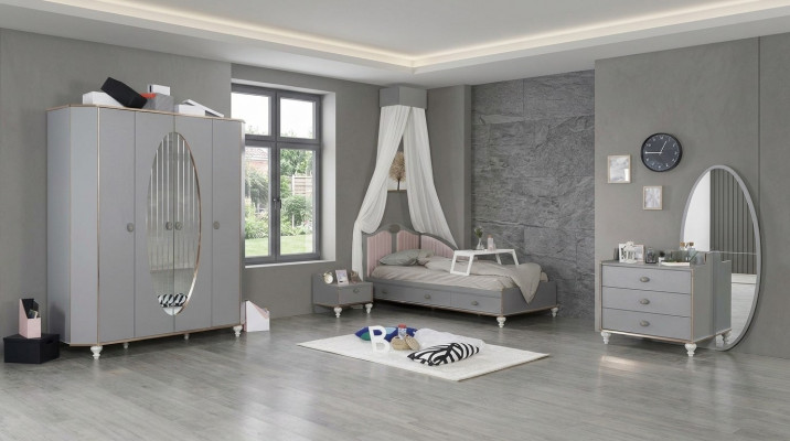 Children's room design set bed bedside table dresser wardrobe 4-piece.