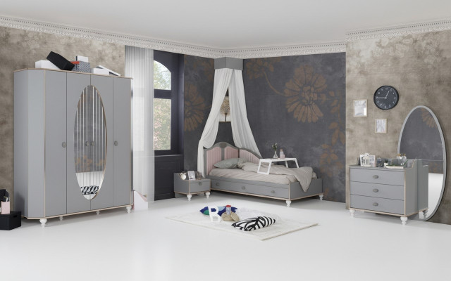 Children's room design set bed bedside table dresser wardrobe 4-piece.