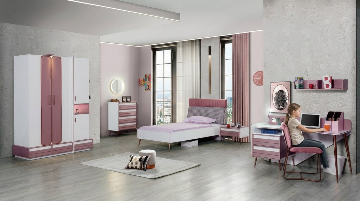 Children's room complete: bed, wardrobe, dresser, mirror, wall shelf, 7-piece set