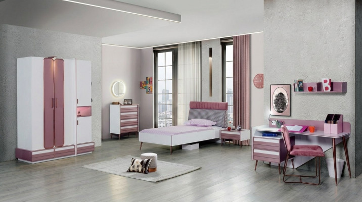 Children's room complete: bed, wardrobe, dresser, mirror, wall shelf, 7-piece set