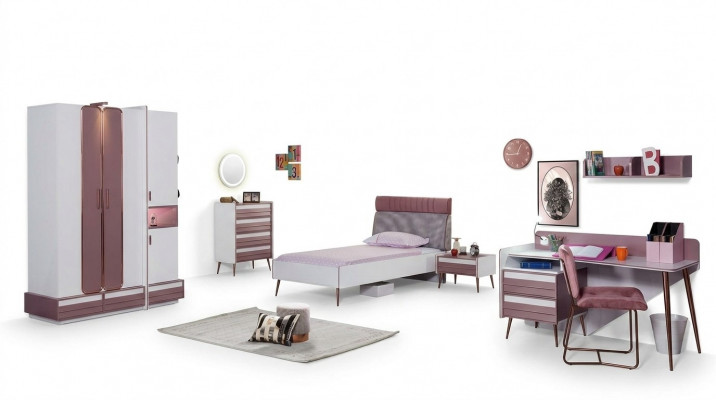 Children's room complete: bed, wardrobe, dresser, mirror, wall shelf, 7-piece set