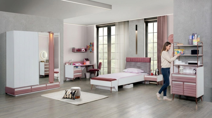 Children's room set 7-piece luxury bed, nightstand, dresser, wardrobe, wall shelf.