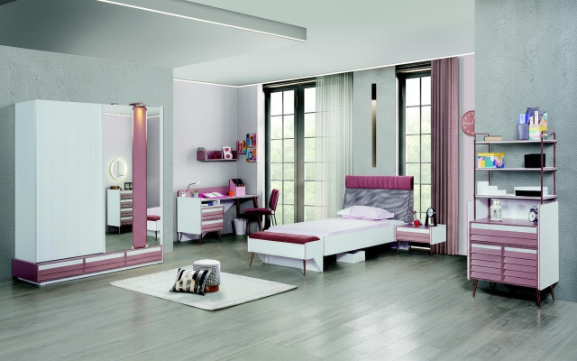 Children's room set 7-piece luxury bed, nightstand, dresser, wardrobe, wall shelf.