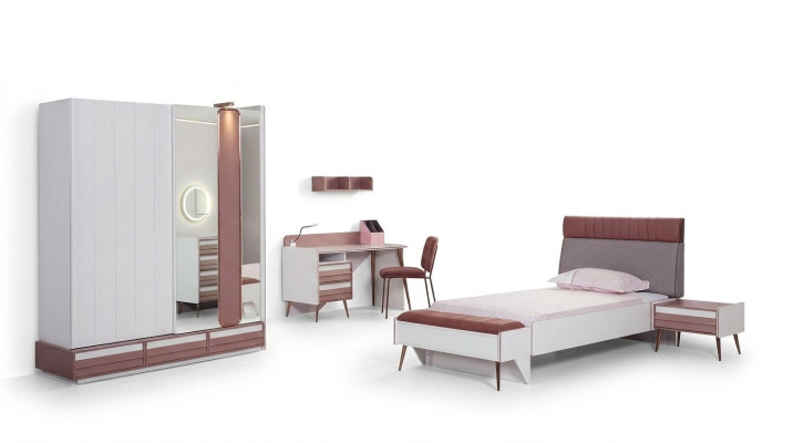 Children's room set 7-piece luxury bed, nightstand, dresser, wardrobe, wall shelf.