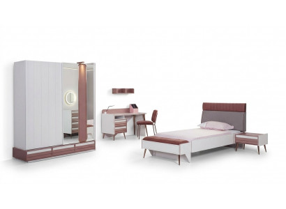Children's room set 7-piece luxury bed, nightstand, dresser, wardrobe, wall shelf.