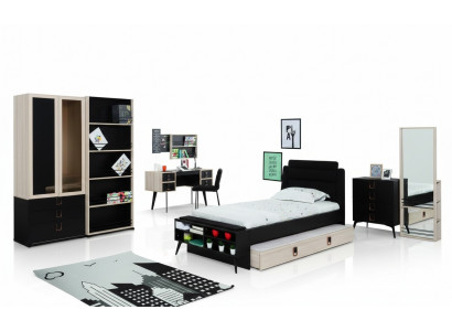 Modernes Jugendzimmer Set Bett Nachttisch Kleiderschrank Wandregal Schwarz 7tlg.