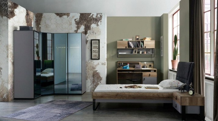 Youth bedroom set: bed, corner wardrobe, nightstand, desk, 4-piece furniture, new.