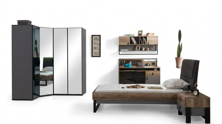Youth bedroom set: bed, corner wardrobe, nightstand, desk, 4-piece furniture, new.