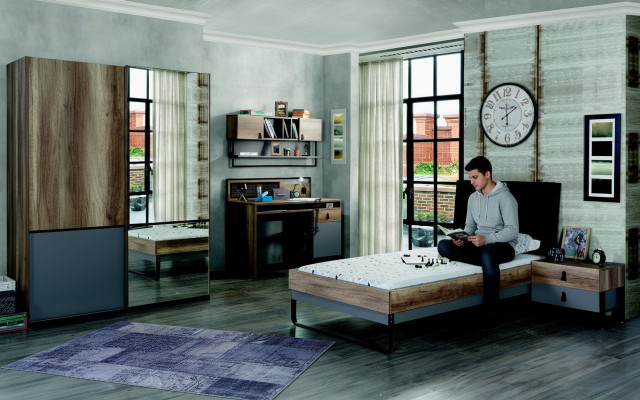 Modern youth room set bed nightstand table bedroom wall shelf 6-piece set.