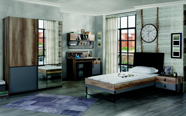 Modern youth room set bed nightstand table bedroom wall shelf 6-piece set.