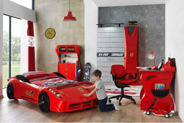 Car Set Bed Wardrobe Dresser Desk Boy Furniture 4-piece.