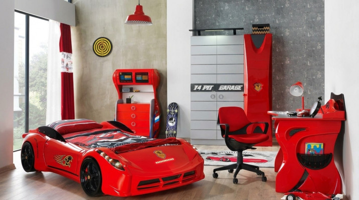 Car Set Bed Wardrobe Dresser Desk Boy Furniture 4-piece.