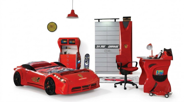 Car Set Bed Wardrobe Dresser Desk Boy Furniture 4-piece.