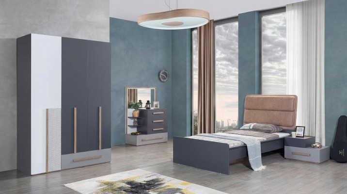 Youth room set gray bed nightstand wardrobe design new 4-piece set.