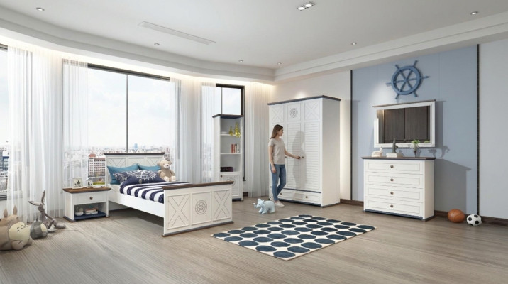 Youth room complete set: single bed, wardrobe, dresser with mirror design, 6 pieces.