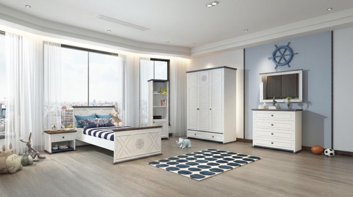 Youth room complete set: single bed, wardrobe, dresser with mirror design, 6 pieces.