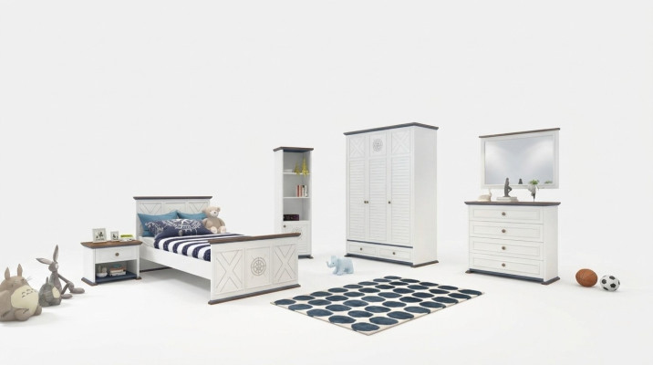 Youth room complete set: single bed, wardrobe, dresser with mirror design, 6 pieces.