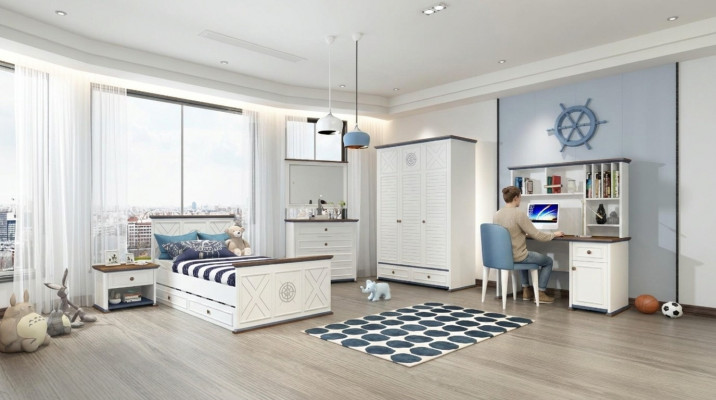 Luxury youth room set: bed, nightstand, wardrobe, 5-piece furniture. New