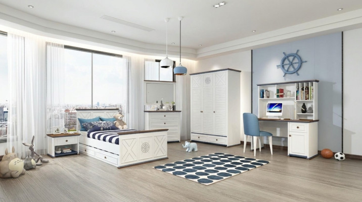 Luxury youth room set: bed, nightstand, wardrobe, 5-piece furniture. New