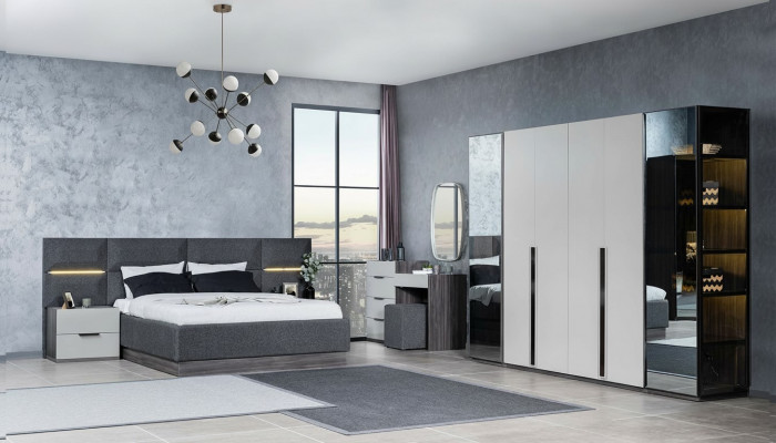 Bedroom bed nightstands wardrobe dresser with mirror furniture set 5-piece