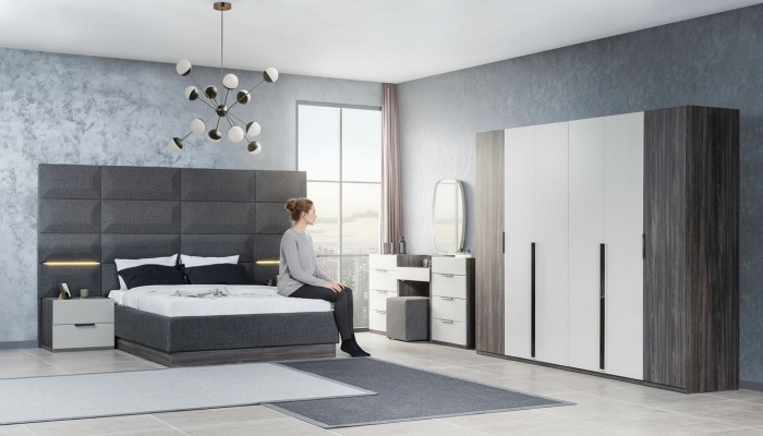 Bedroom bed, nightstand, wardrobe, dresser with mirror, 5-piece furniture set