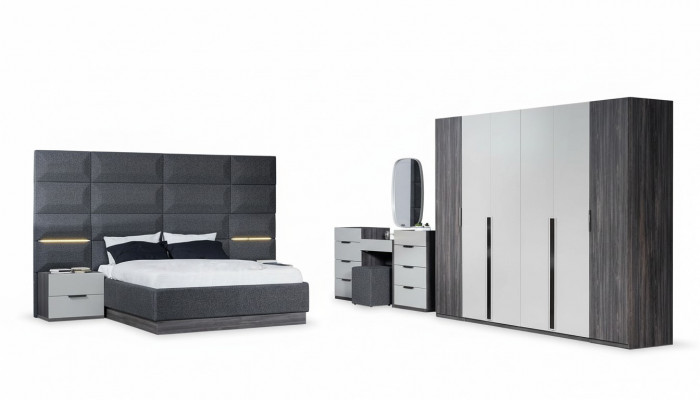 Bedroom bed, nightstand, wardrobe, dresser with mirror, 5-piece furniture set