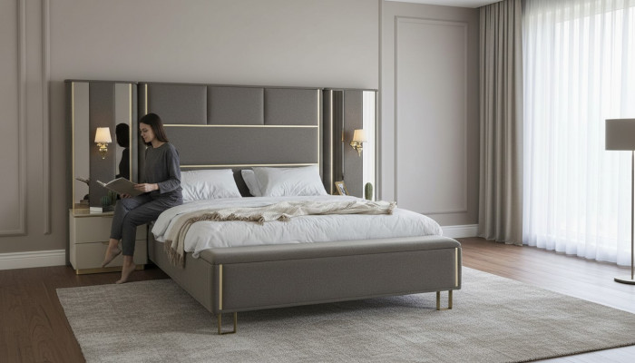 Bed Double Bed 2x Bedside Tables Wood Design Beds Bedroom Upholstery 3 Piece Set